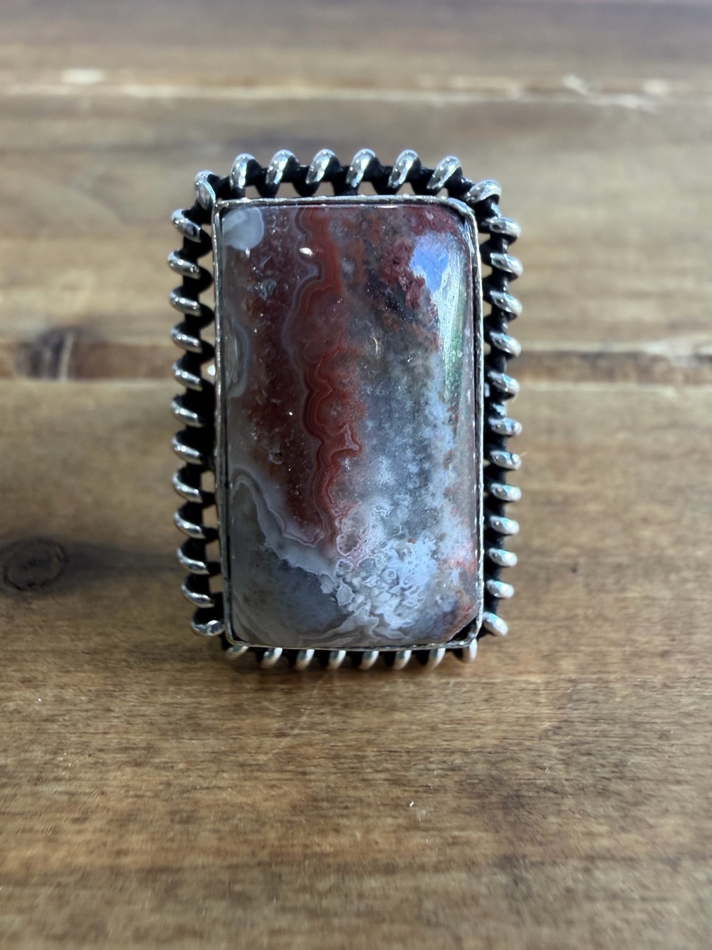 Crazy Lace Agate Stone Crystal Quartz Gemstone Ring Size 8 Silver Plated Native